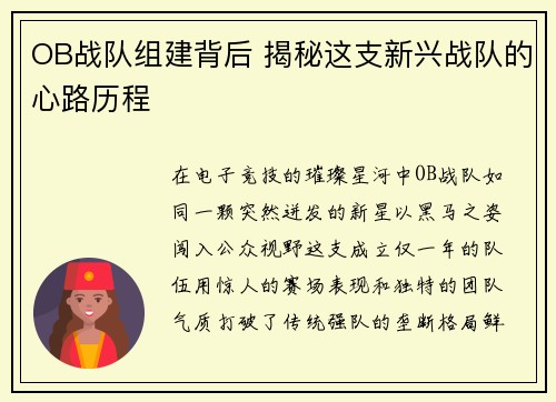 OB战队组建背后 揭秘这支新兴战队的心路历程