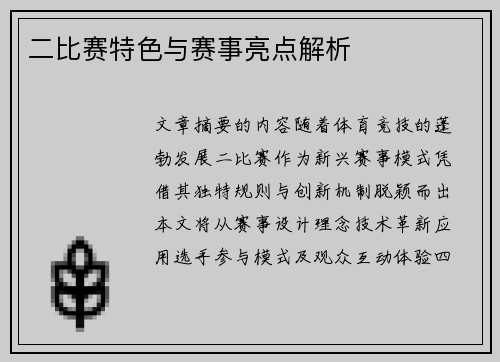 二比赛特色与赛事亮点解析