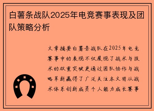 白薯条战队2025年电竞赛事表现及团队策略分析