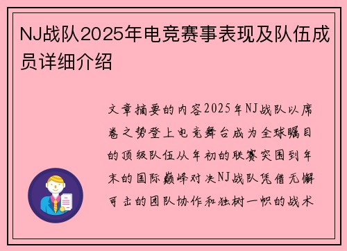 NJ战队2025年电竞赛事表现及队伍成员详细介绍
