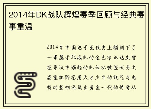 2014年DK战队辉煌赛季回顾与经典赛事重温